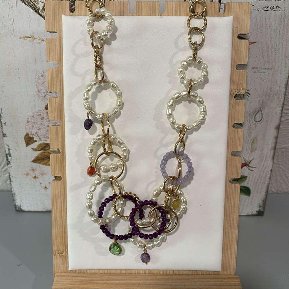 Zara Faux Pearl Bead and Stone Necklace Gold Tone
